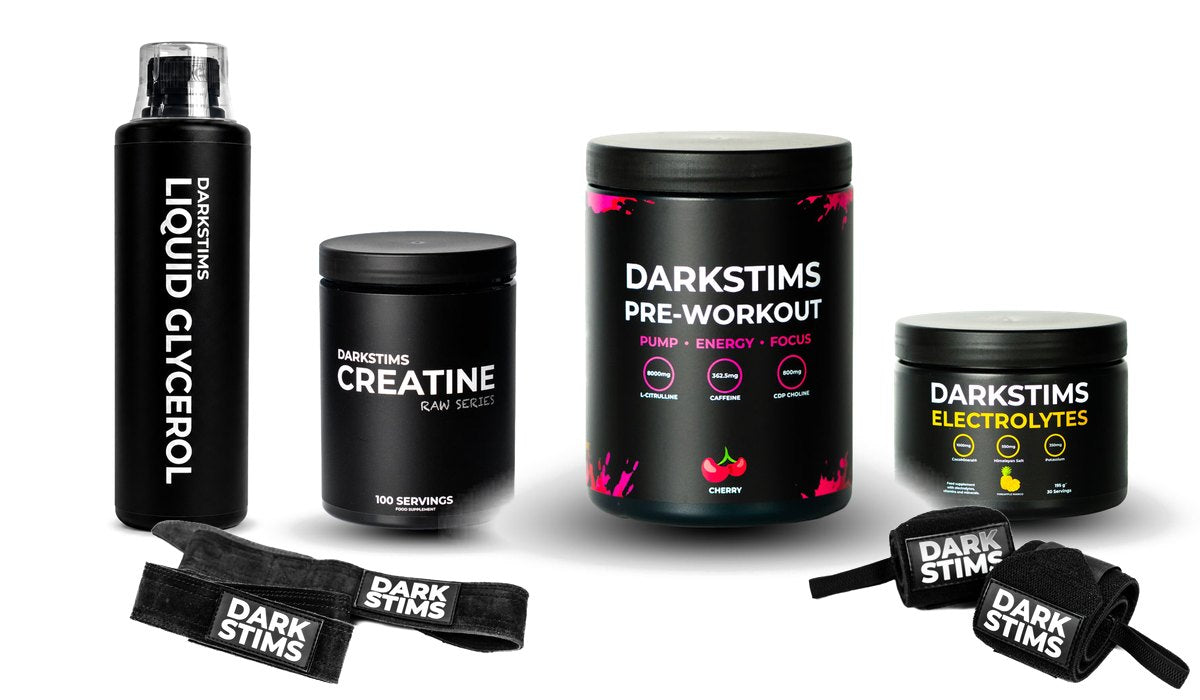 DARKSTIMS Full Stack: PRE V4, Electrolytes, Creatine, Liquid Glycerol, lifting straps and wrist wraps