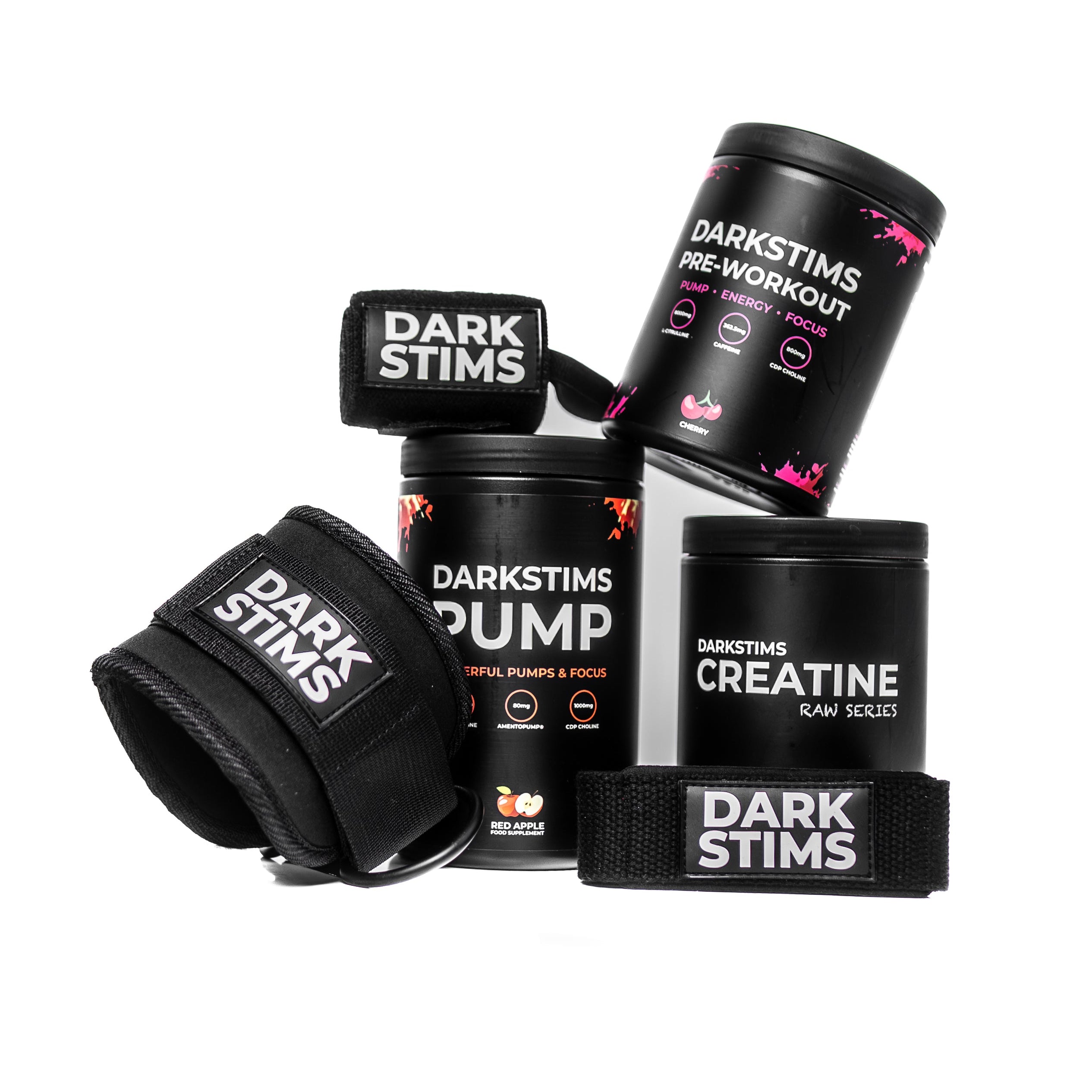 Dark Stims supplement containers and wrist wraps on a white background