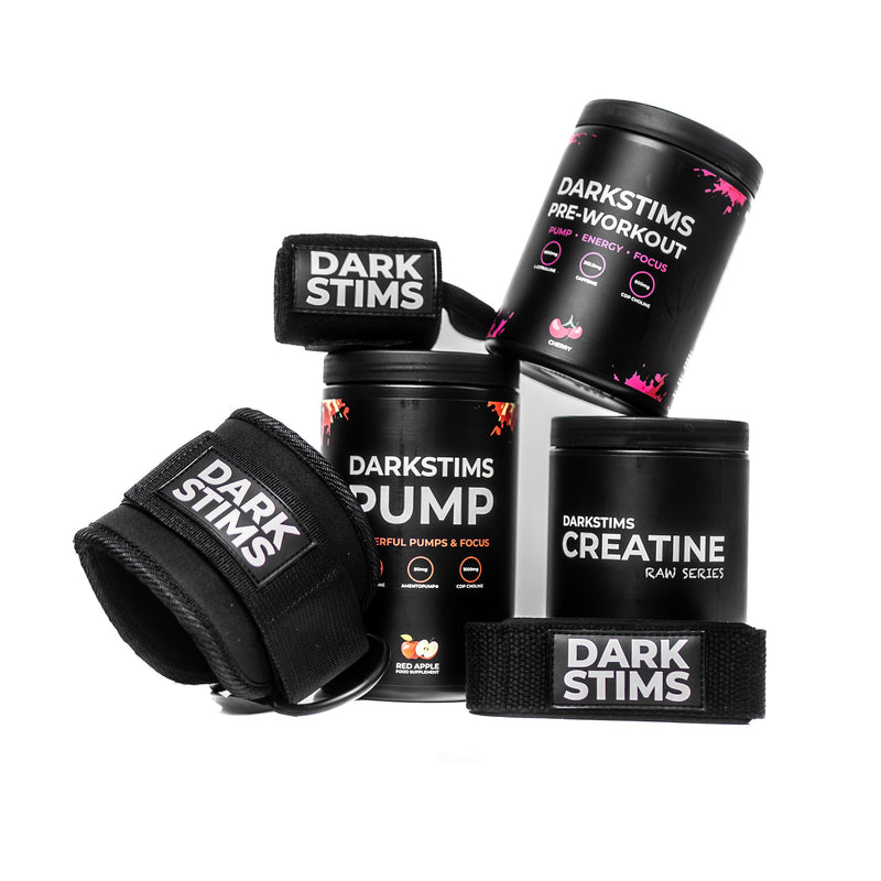 Dark Stims supplement containers and wrist wraps on a white background