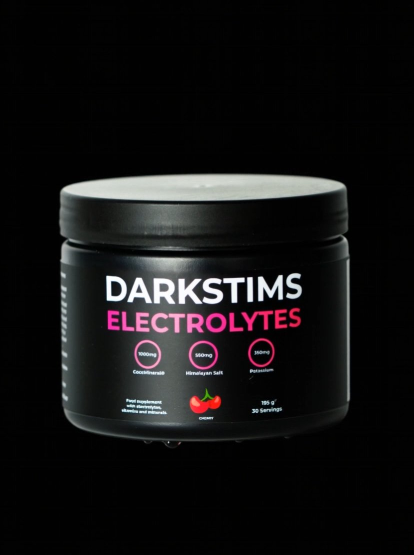 Darkstims Electrolytes Cherry tub opening with a splash of cherry-pink water